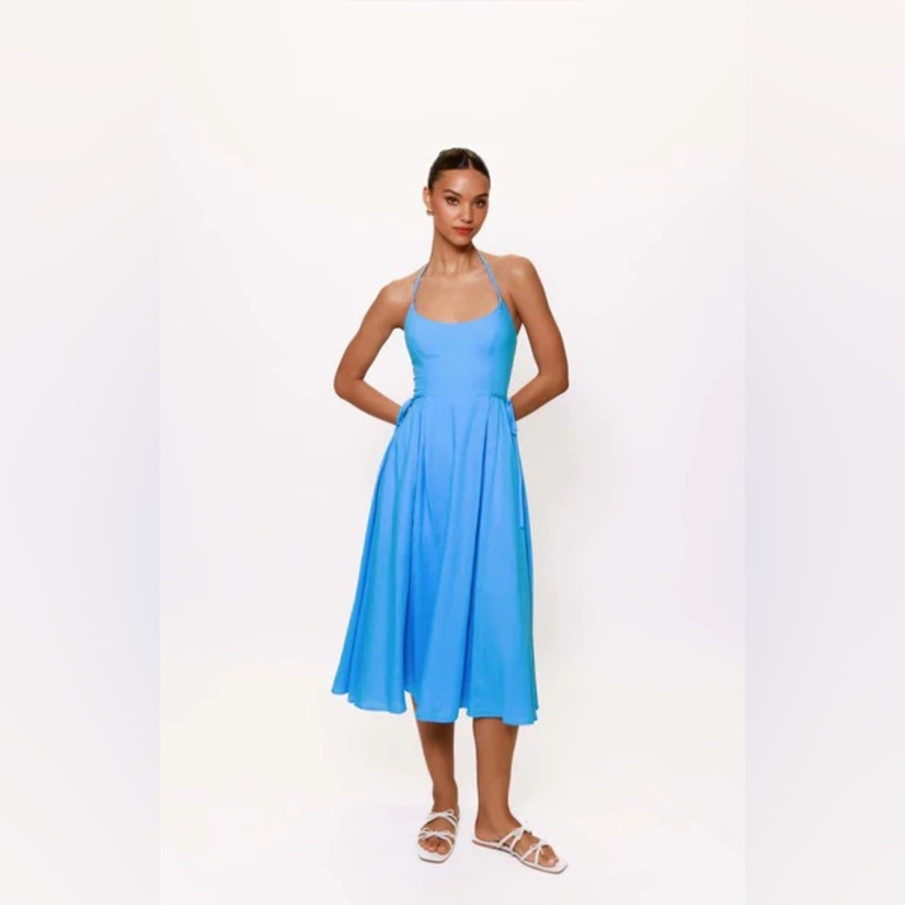 NWT Hutch Bambi Midi Dress Smocked Turquoise Blue Halter Tie XS